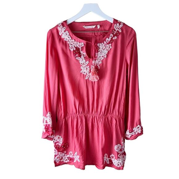 Soft Surroundings Coral Beaded Embroidered Tunic Top Cinch Waist Size Small - Picture 1 of 8